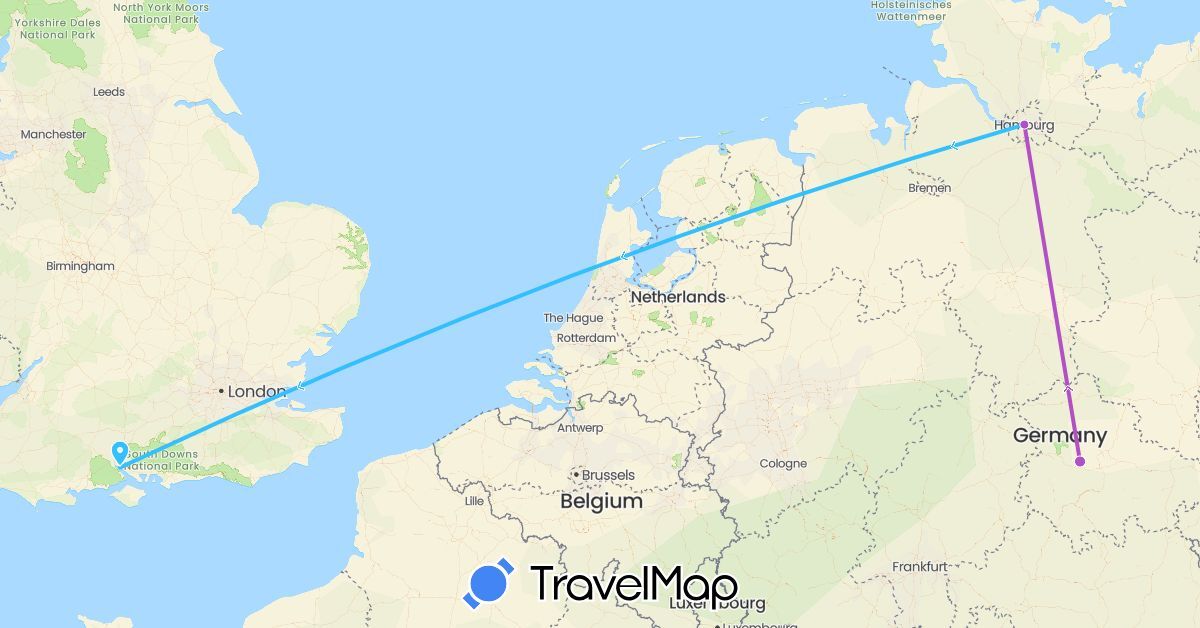 TravelMap itinerary: driving, train, boat in Germany, United Kingdom (Europe)